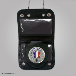 Porte carte et médaille tour de cou cuir noir + chainette  PORTE-MÉDAILLES à 15,40 €