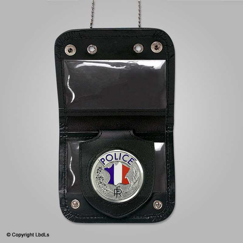 Porte carte et médaille tour de cou cuir noir + chainette - PORTE-M