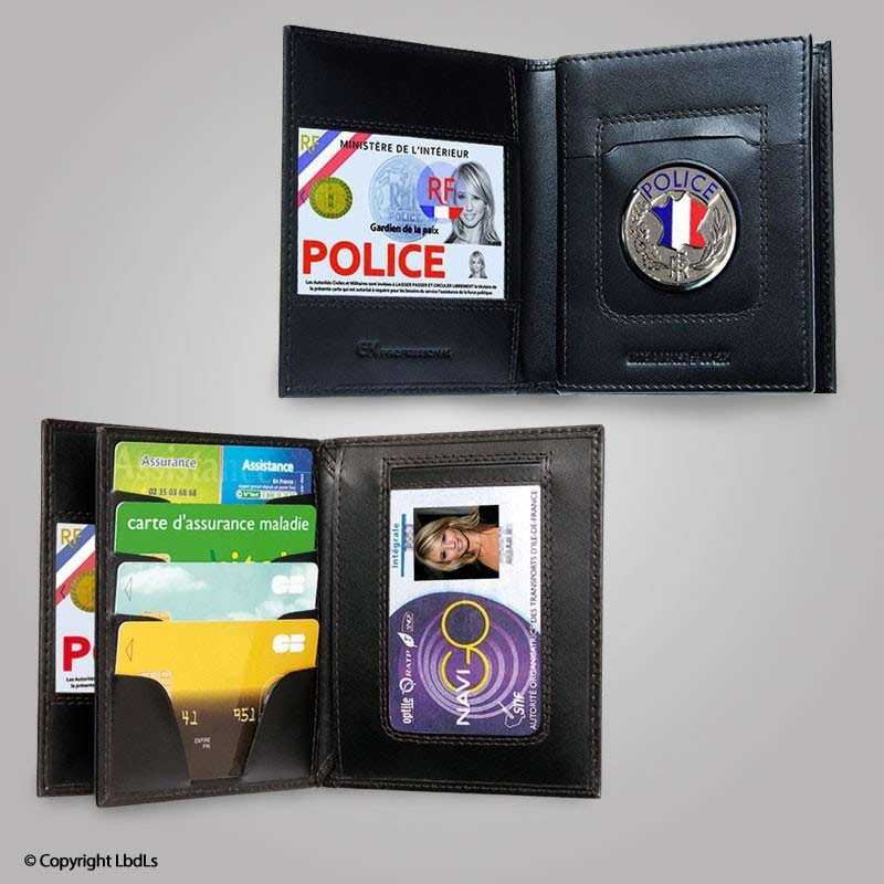 Porte carte gendarmerie 3 volets en cuir emplacement cb et carte id