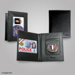 Porte-carte Police 2 volets avec médaille et grade, cuir véritable