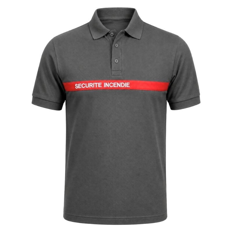 Polo SSIAP gris bande rouge brodé SECURITE INCENDIE  POLOS à 17,00 €